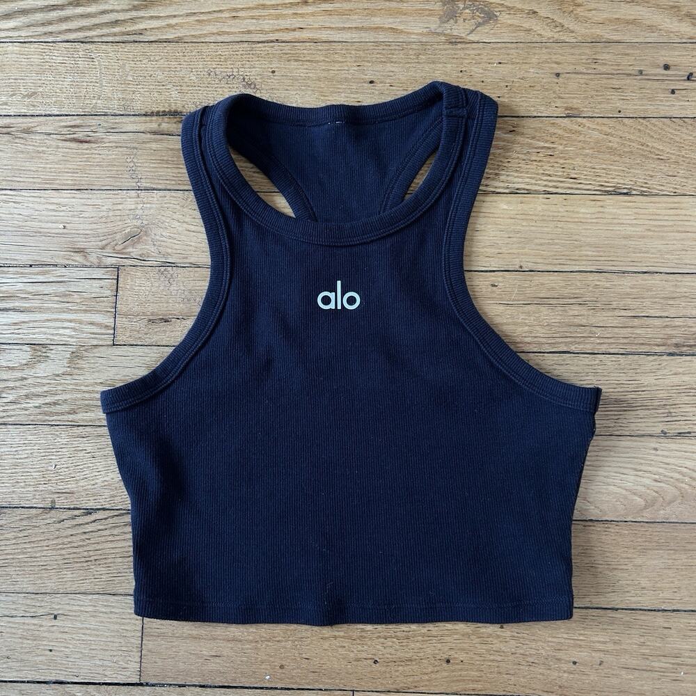 Alo Yoga Black Ribbed Racerback Cropped Tank Top Logo Women’s XS-S